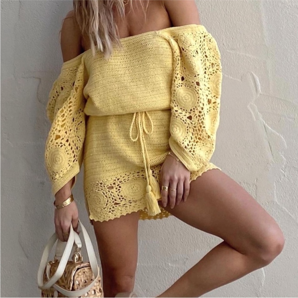 Spell Let The Sunshine Yellow Crochet Mini Dress